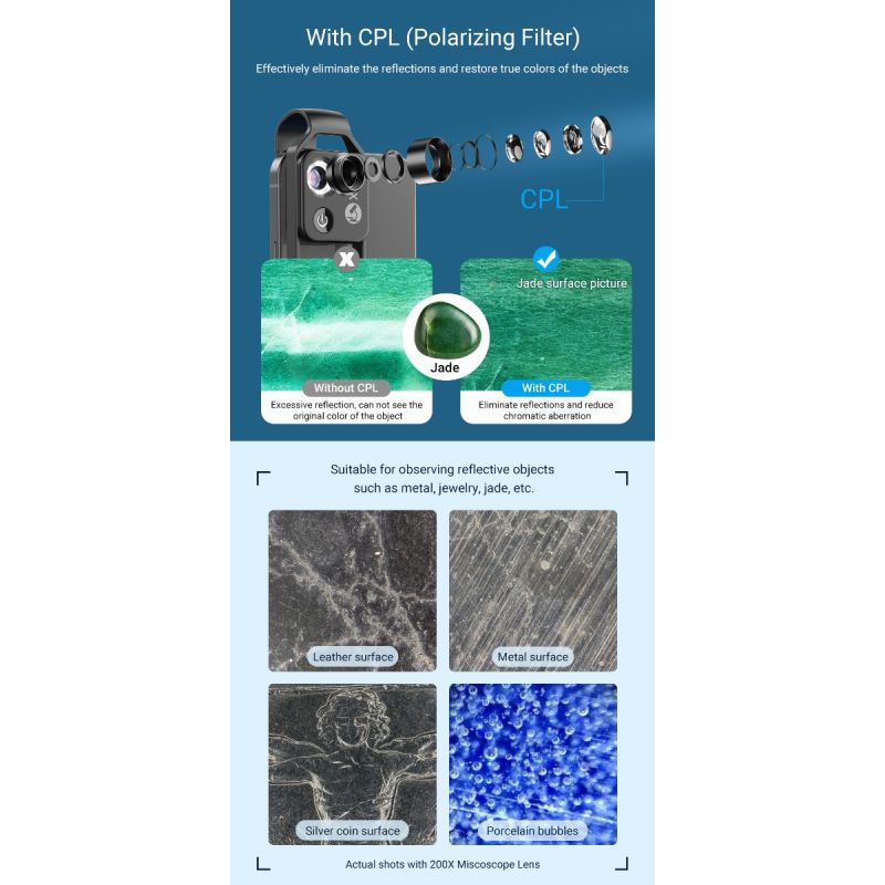 APEXEL 200X Microscope Lens with CPL Mobile LED Light for iPhone Samsung Perfect for Macro Photography
