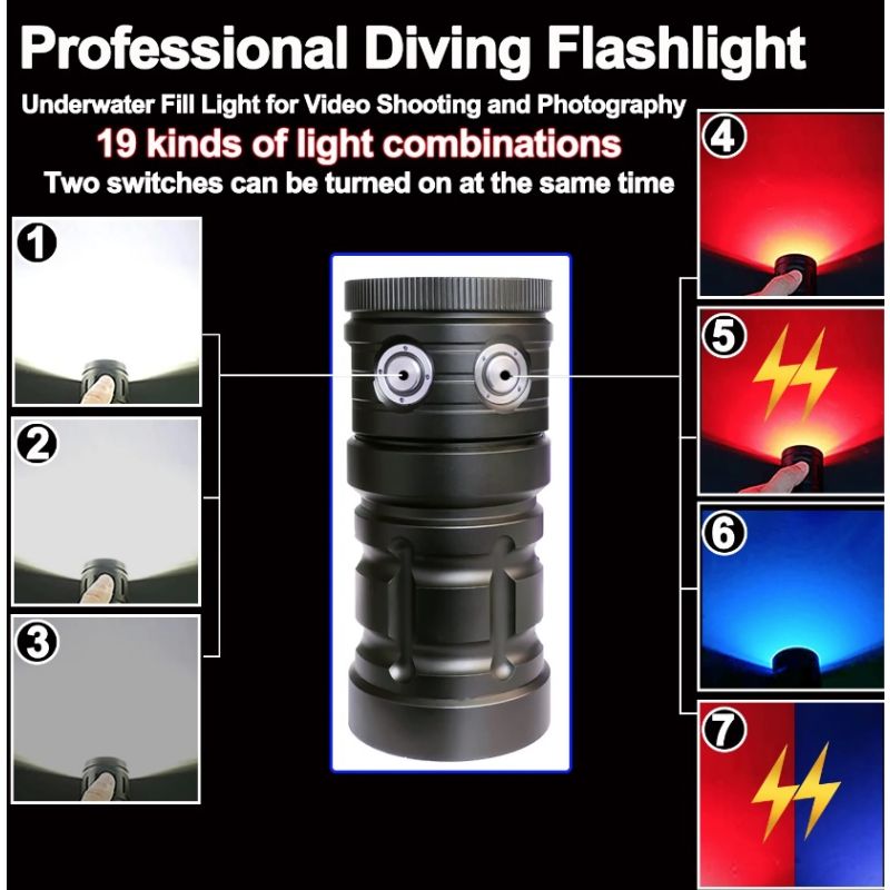 Diving Light Highlight Torch 10000 Lumens Tactical Diving Flashlight 100M Waterproof Underwater Adventure
