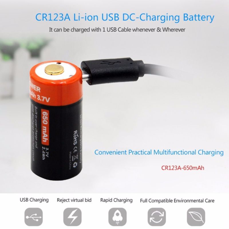 16340 650mAh 3.7V Micro USB Rechargeable Li-ion Battery Eco-Friendly Long-Lasting for Flashlights and Gear