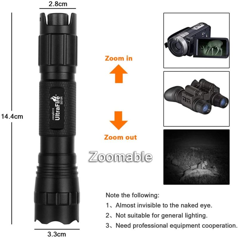 UltraFire 940nm LED IR Flashlight Adjustable Focus Stepless Dimming Night Vision Hunting and Wildlife Exploration