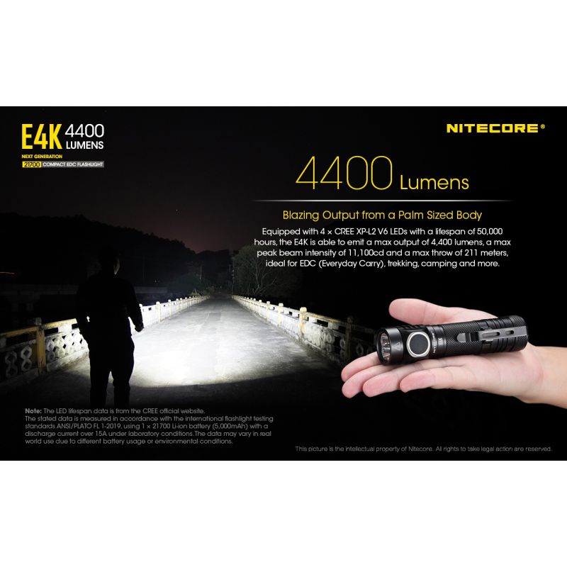 Nitecore E4K 4400 Lumens Compact EDC Flashlight Portable and Durable with Advanced Optical System