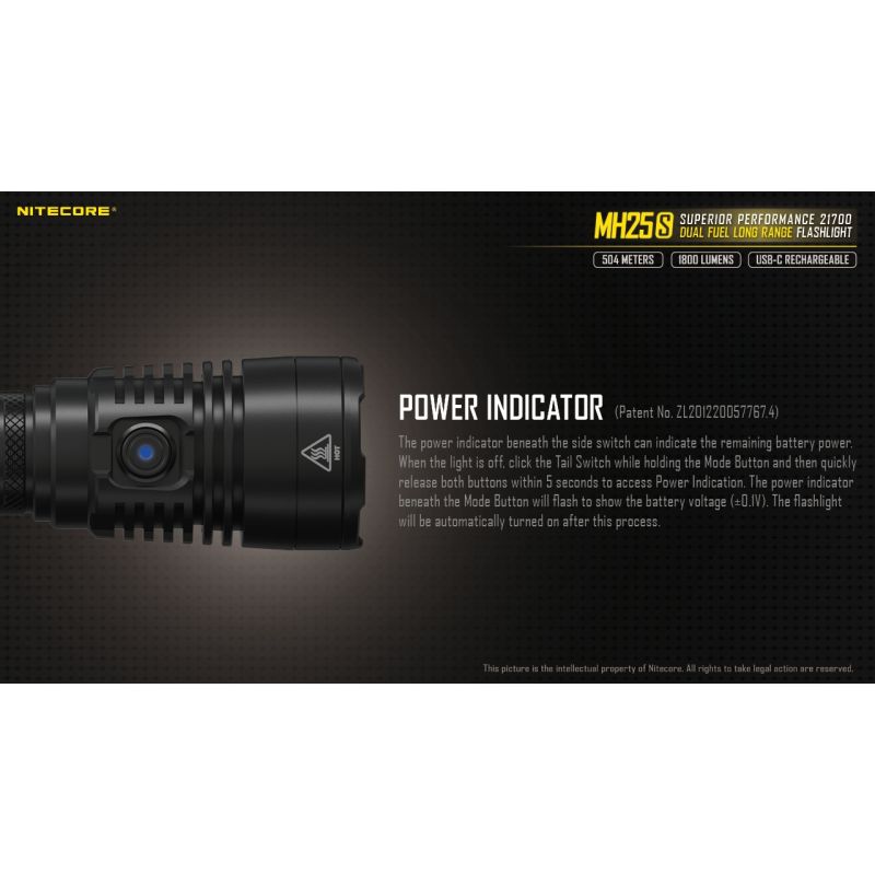 Nitecore MH25S Flashlight 1800 Lumens USB-C Rechargeable LED High Brightness for Outdoor Adventures and Repair