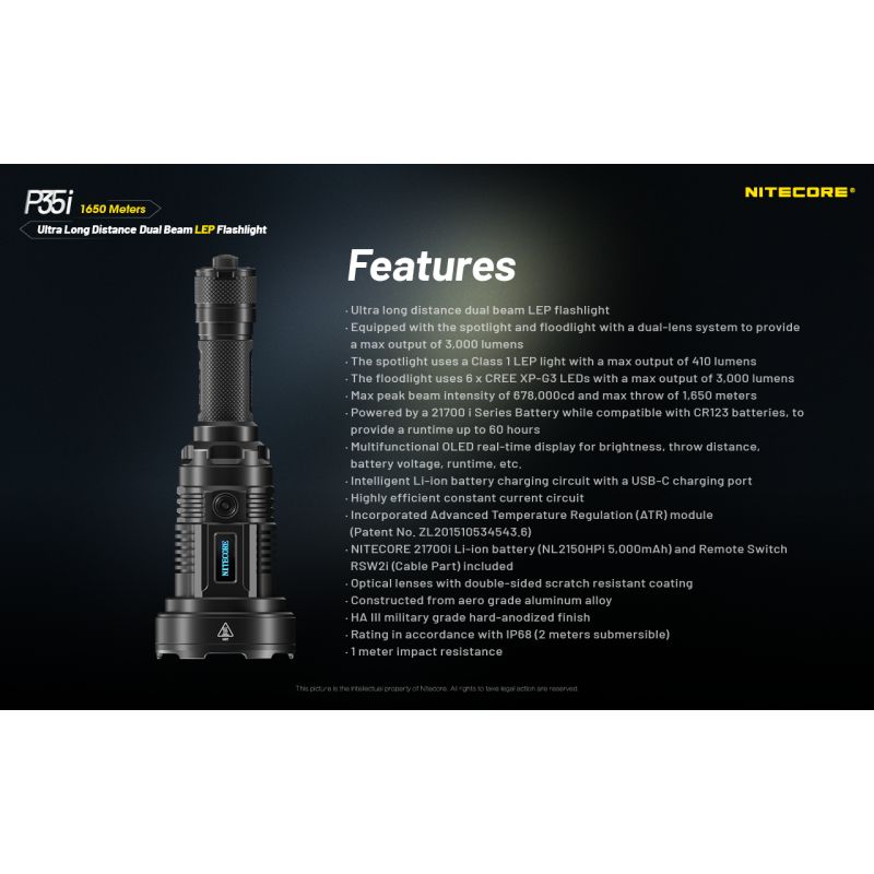 NITECORE P35i 6x XP-G3 LED Rechargeable Flashlight 3000 Lumens Ultra Long Range Dual Beam Outdoor Searchlight
