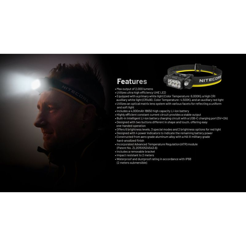 NITECORE HC65 UHE Headlamp 2000 Lumens USB-C Rechargeable LED Headlight for Camping Hiking Long Battery Life