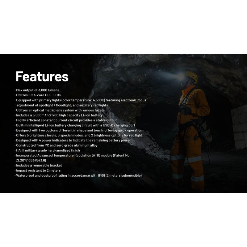 Nitecore HC75 3000 Lumen Headlamp USB-C Rechargeable Zoomable Adjustable Focus for Camping Hiking Industrial Use