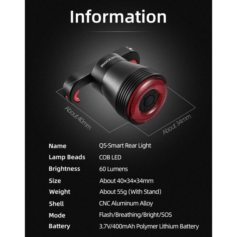 ROCKBROS Q5 Bicycle Smart Light Auto Brake Sensing LED Taillight IPX6 Waterproof Cycling Safety Equipment