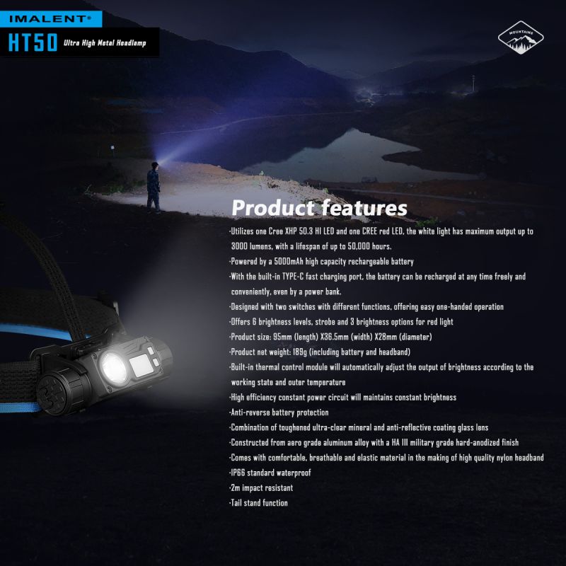IMALENT HT50 LED Adventure Headlamp Dual Light Sources Rechargeable Lightweight Design High Lumen Output