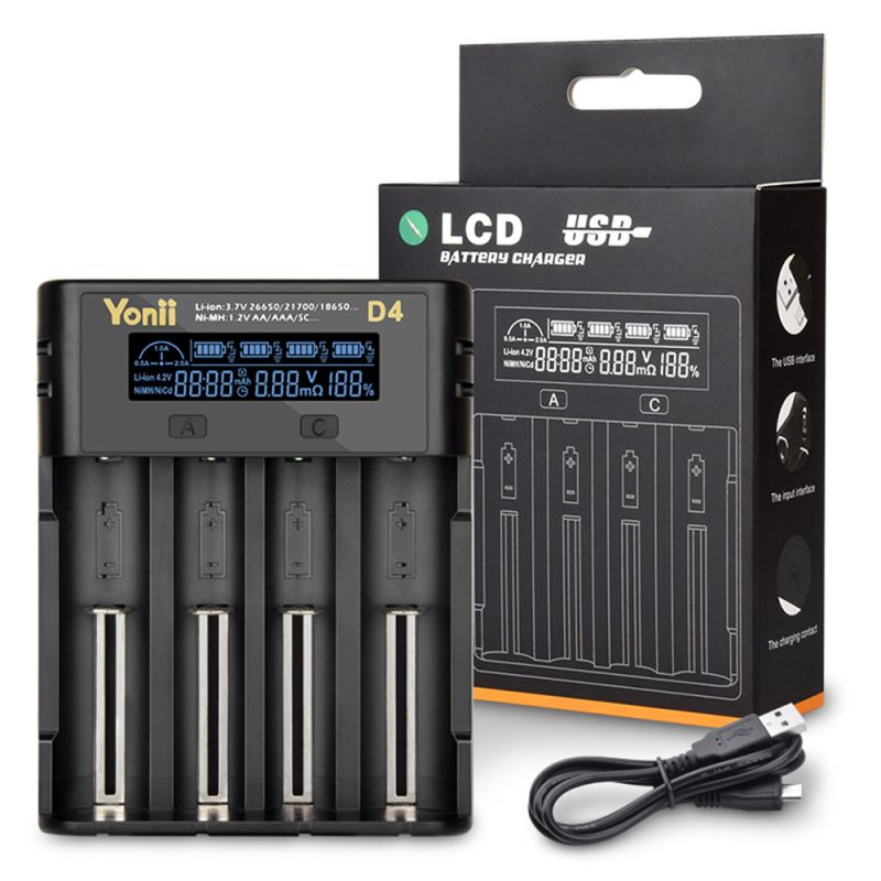 YONII D4 LCD 4 Slot 18650 Battery Charger for 18650 21700 26650 Lithium AA AAA Ni-mh Battery