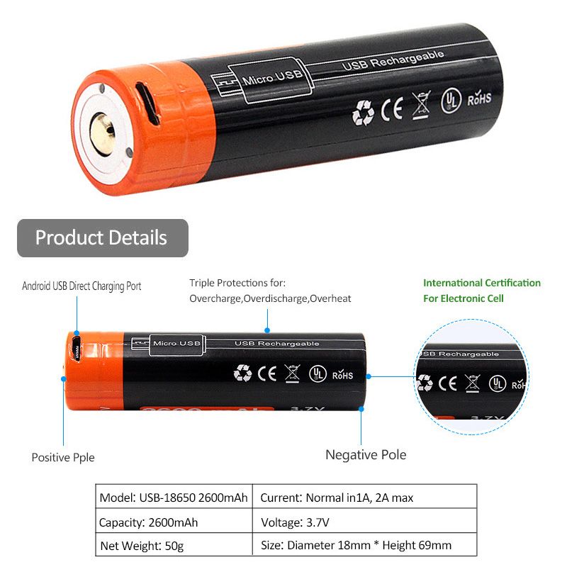 18650 2600mAh 3.7V Rechargeable Li-ion Battery High Energy Density Long Life Portable Power Source