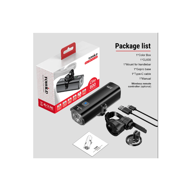 TOWILD CL600 Bike Light USB Rechargeable Front Lamp with High Lumen Brightness Waterproof Design 2000mAh