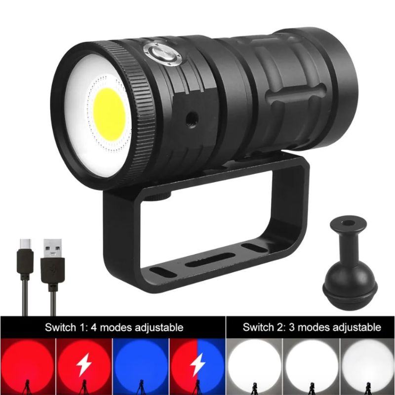 D10 Super Bright Diving Flashlight 100m IPX8 Waterproof with 3 Color Settings for Underwater Photography