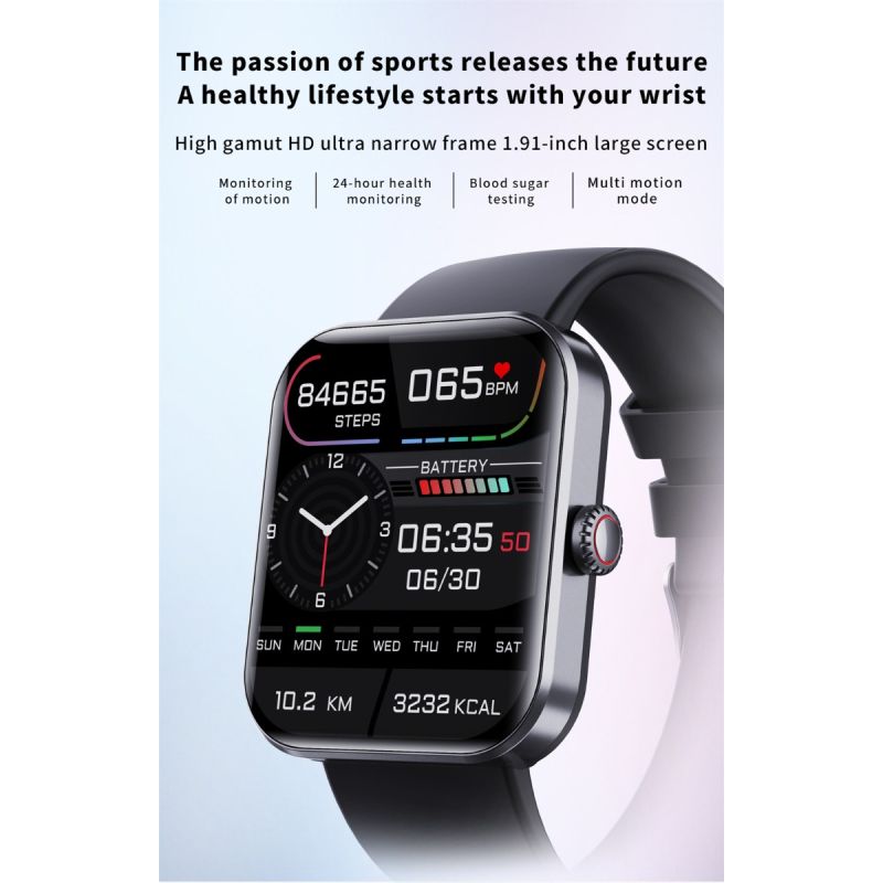 F57L Smart Watch Blood Glucose Blood Pressure Heart Rate Temperature Monitoring Sport Monitoring 1.91 Inch Sn