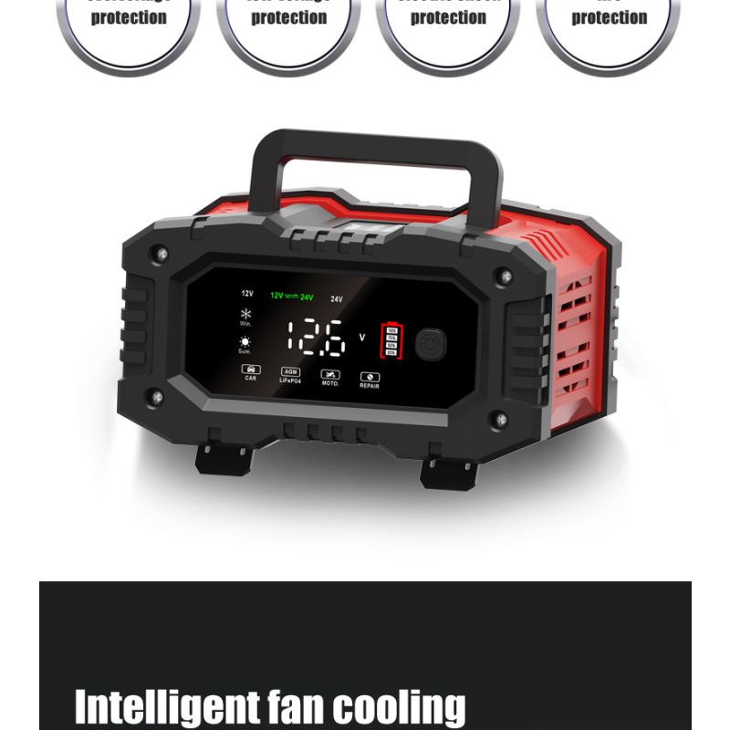 FOXSUR 20A Portable Car Battery Charger 12V 24V for Motorcycle Truck AGM LiFePO4 Lead Acid Battery Maintenance