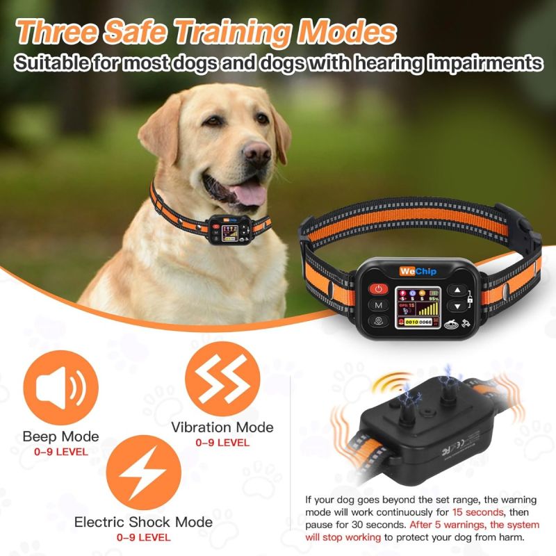 Wireless Dog Fence Collar, GPS Pet Containment System, Rechargeable Dog Bark Collar , Waterproof Anti Barking Trainer, for Dogs 15-120 lbs