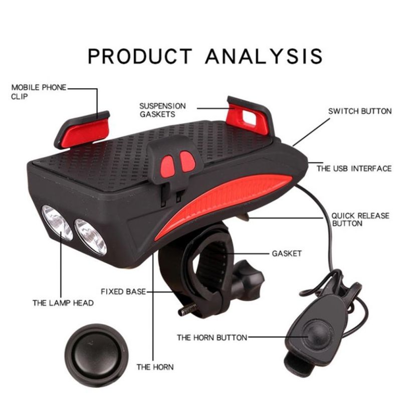 Multi-function 4 in 1 MTB Light USB Rechargeable LED Bike Headlight with Horn Phone Holder Cycling Gear