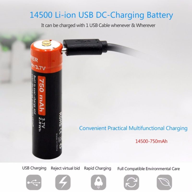 Doublepow 14500 750mAh rechargeable battery 3.7V Li-ion with Micro USB for high-drain devices camping