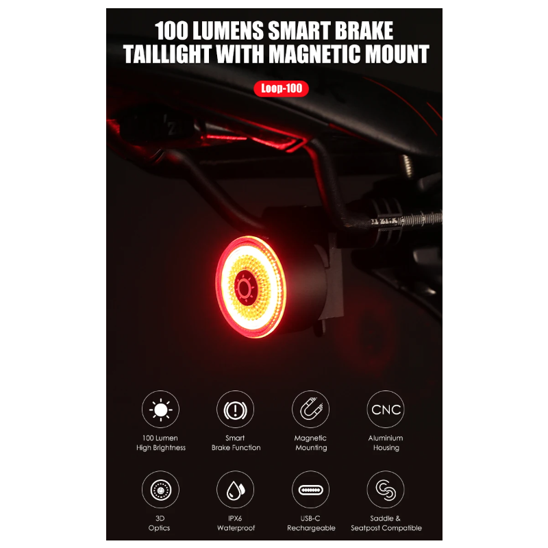 Gaciron LOOP-100 High Brightness Bike Tail Light Brake Sensor Aluminum Alloy for Urban and Trail Cycling