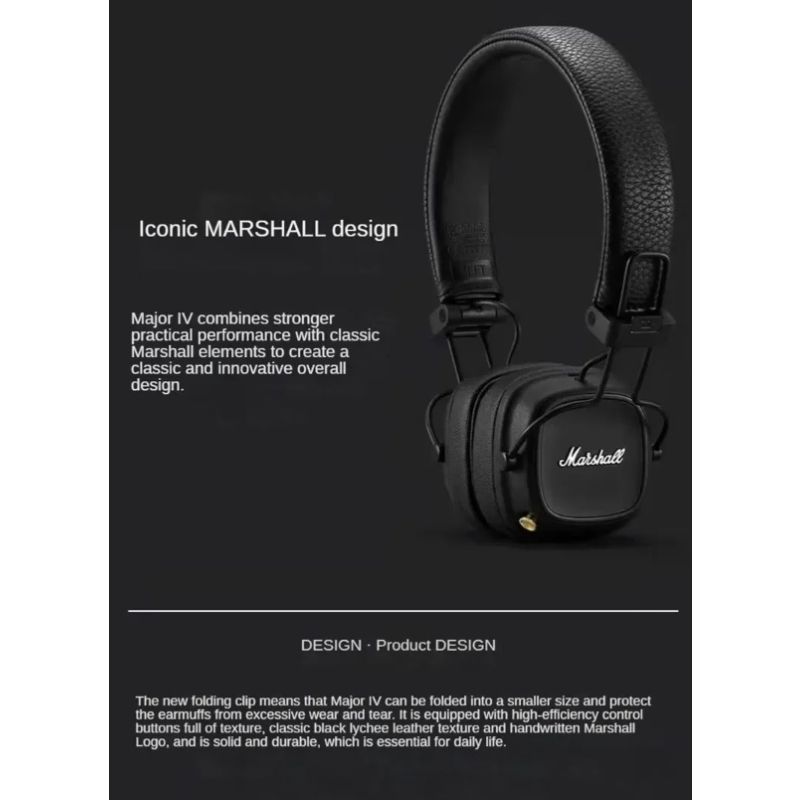 Marshall Major IV Bluetooth Headphones Classic Aesthetics Signature Sound Deep Bass Wireless Charging