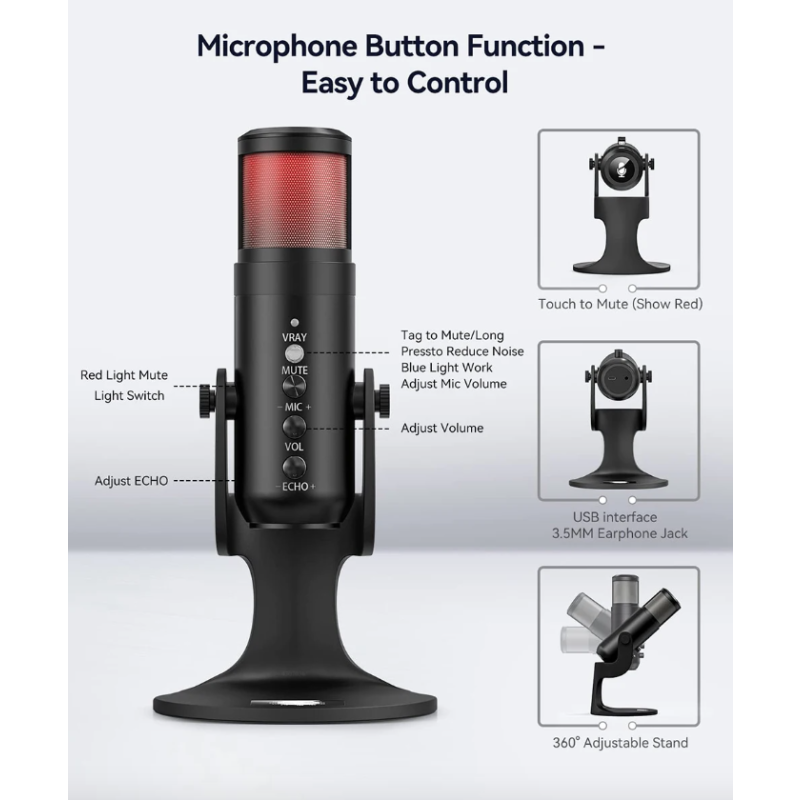 MU900PRO RGB USB Microphone for Streaming with Dynamic RGB Lighting and Cardioid Pickup Pattern for High Sound Quality