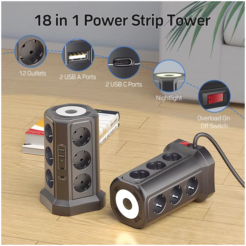 EU Multi-socket surge Protector 4000W 16A with USB port, multi-plug with night light