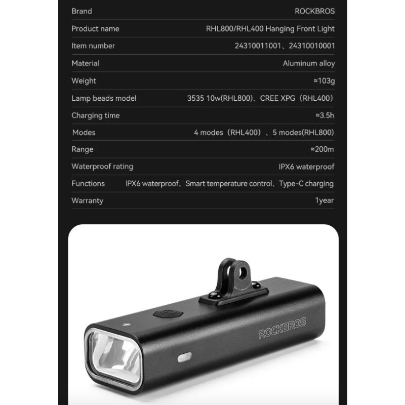 ROCKBROS RHL-1000LUMEN Bike Front Light Rainproof LED Cycling Headlight Type-C Rechargeable for Night Riding