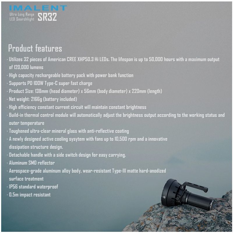 IMALENT SR32 120000 Lumens Powerful Flashlight for Outdoor Lighting Beam Distance 2080m Durable Rechargeable
