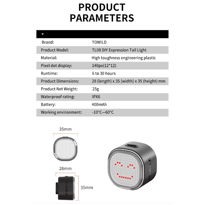 TOWILD TL08 Bike Tail Light, Customized Patterns Full-Color Bike Rear Light, Brake Sensing, USB-C Rechargeable Bicycle Taillights