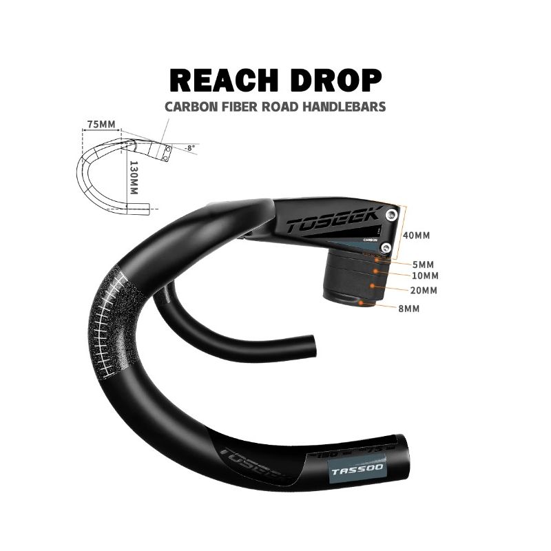 TOSEEK TR5500 Road Bike Handlebar Lightweight Full Carbon Fiber Stem Aerodynamic Design Matte Black Finish