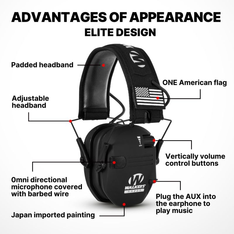 Walkers Razor Earmuffs Active Headphones for Shooting Sports Electronic Hearing Protection NRR 23 dB Black