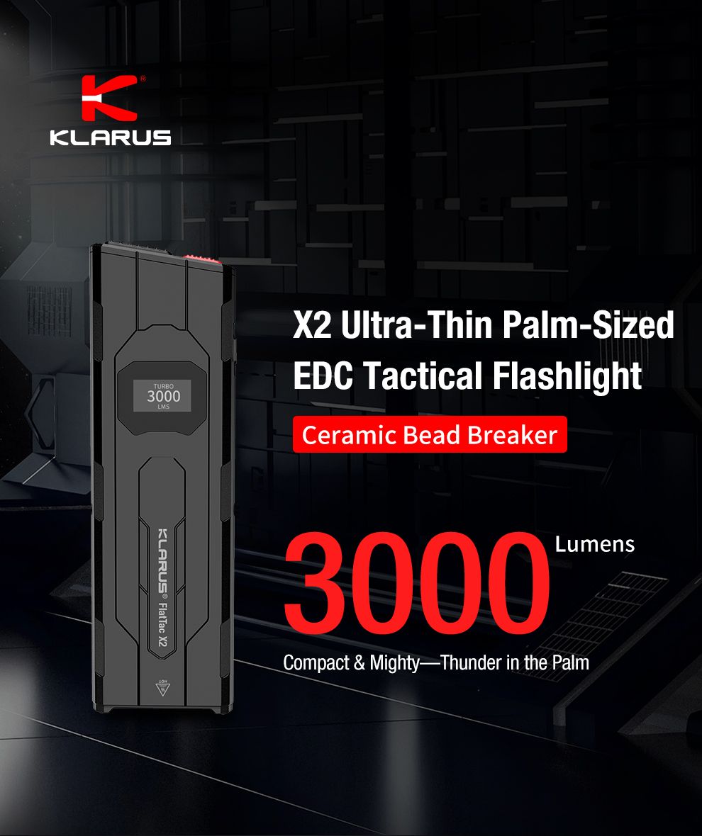 klarus X2 Ultra-Thin Palm-Sized EDC Tactical Flashlight, USB-C Rechargeable 3000 Lumens Compact & Mighty Pocket Light
