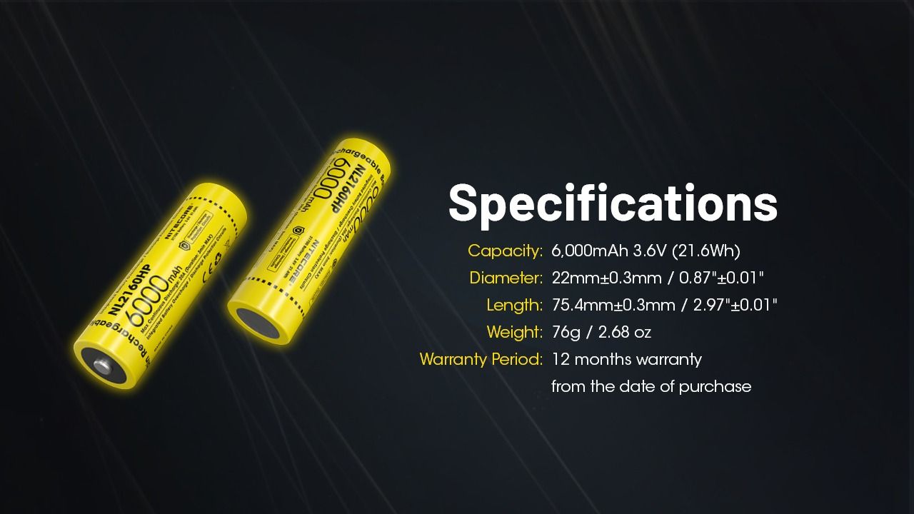 NITECORE NL2160HP 6000mAh 3.6V 21700 USB-C Li-ion Rechargeable Battery High Capacity Portable Power Source