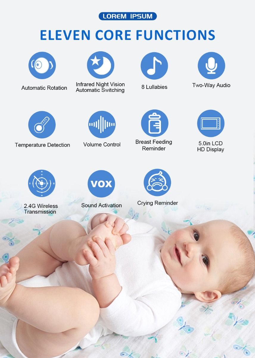 ABM501 Video Baby Monitor 2.4G Wireless 5.0 Inches LCD Night Vision Two Way Audio for Family Safety