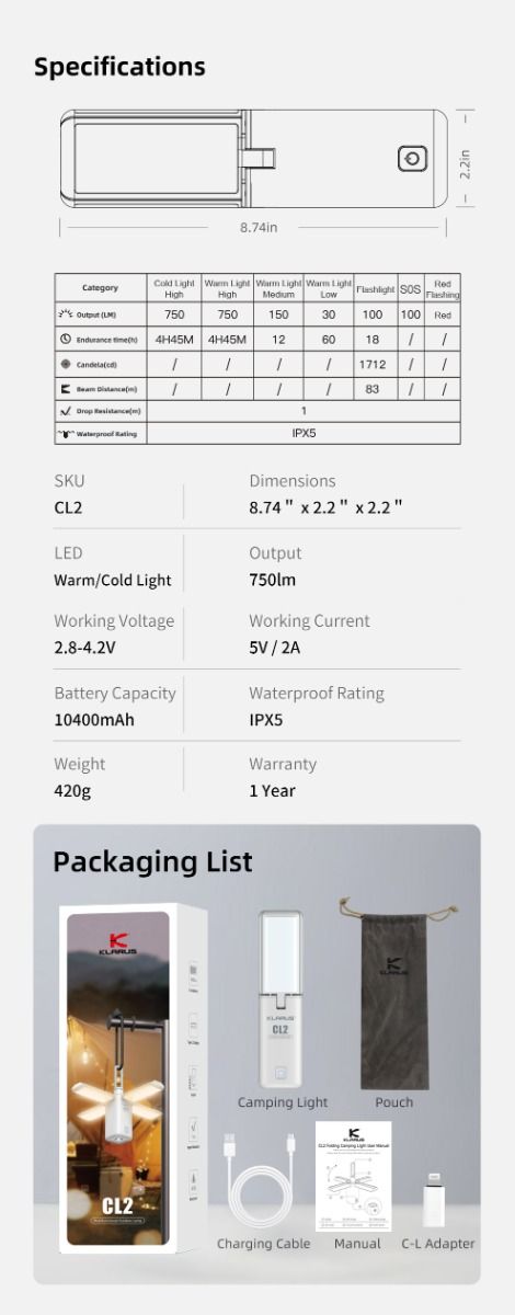 Klarus CL2 750 Lumen Freefolding Camping Light Portable Eye-caring Versatile Lamp with 7 Light Modes