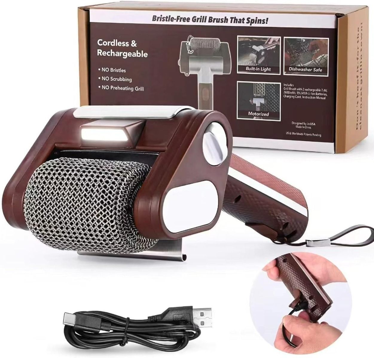 Rechargeable Barbecue Grill Cleaner , Rechargeable BBQ Tool with 350 RPM Stainless Roller Cordless Electric Grill Brush