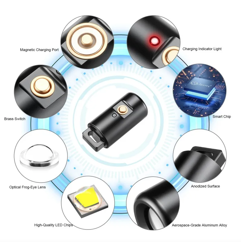 Mini Flashlight LED Rechargeable Camping Hiking Keychain Light with Necklace