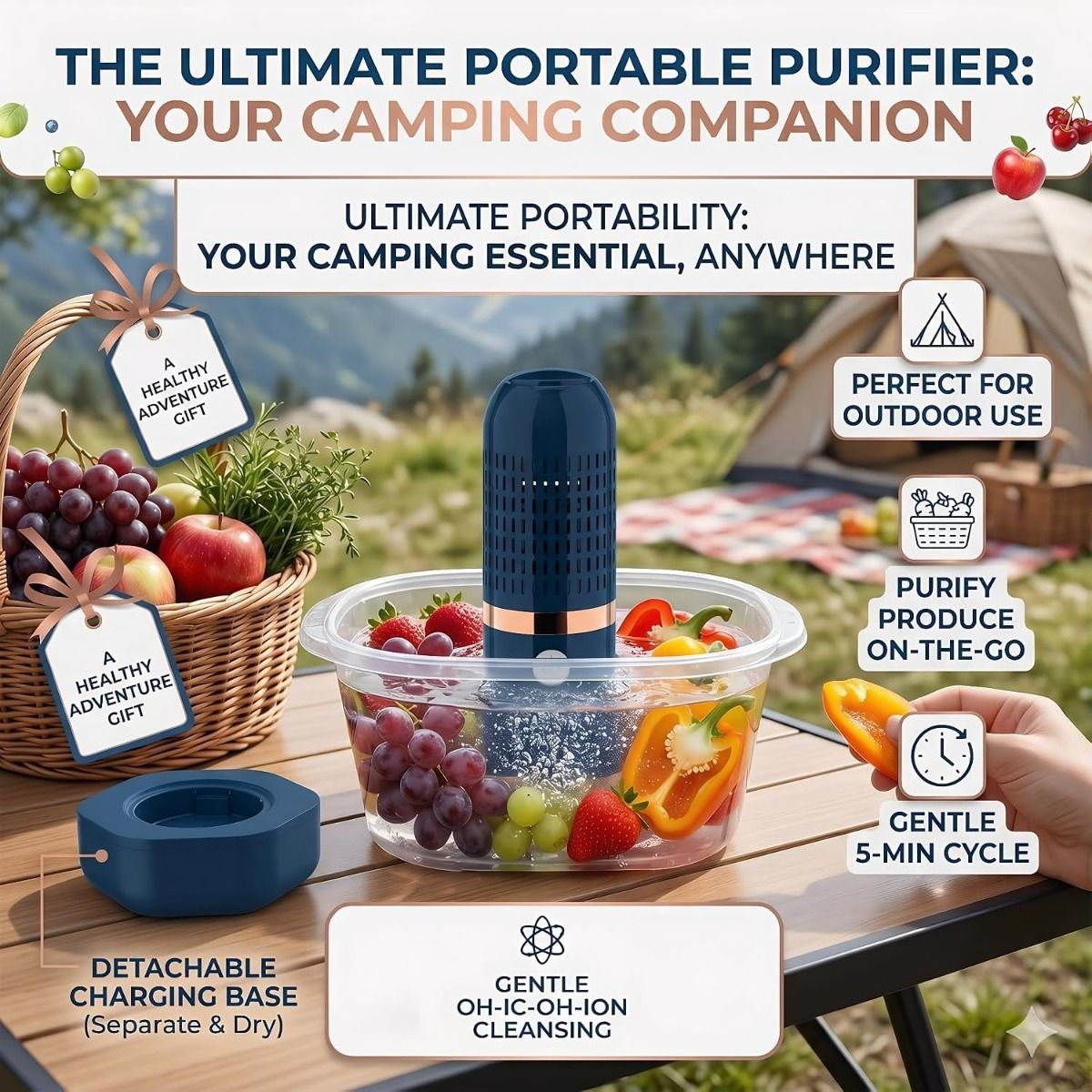 Fruit and Vegetable Cleaning Tool, Wireless Rechargeable Food Washer | OH-ion Purification Technology, IPX7 Waterproof, for Fruits, Veggie, Grains, Rice, for Meat, Seafood