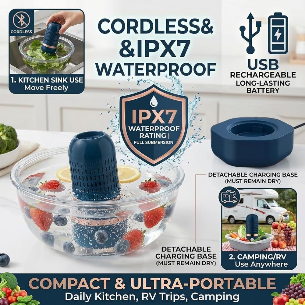 Fruit and Vegetable Cleaning Tool, Wireless Rechargeable Food Washer | OH-ion Purification Technology, IPX7 Waterproof, for Fruits, Veggie, Grains, Rice, for Meat, Seafood
