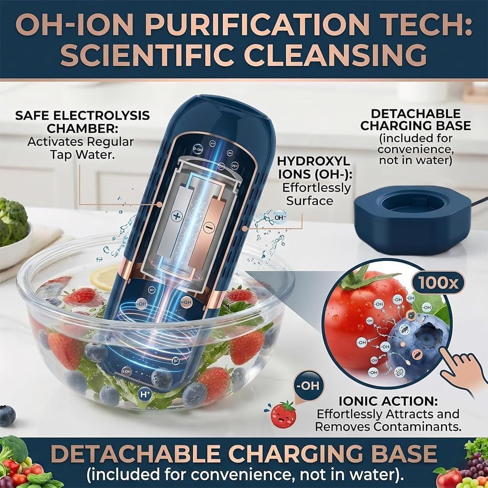 Fruit and Vegetable Cleaning Tool, Wireless Rechargeable Food Washer | OH-ion Purification Technology, IPX7 Waterproof, for Fruits, Veggie, Grains, Rice, for Meat, Seafood