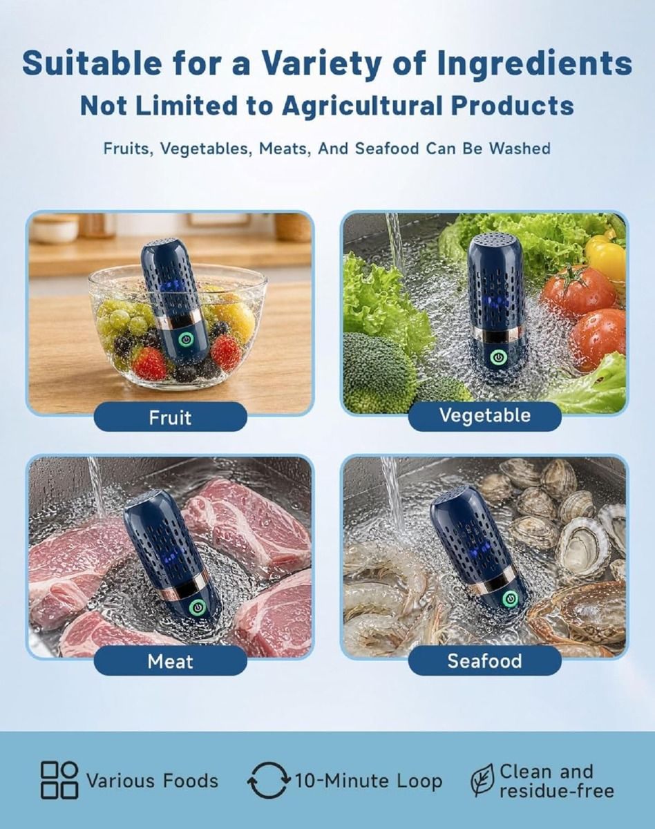 Fruit and Vegetable Cleaning Tool, Wireless Rechargeable Food Washer | OH-ion Purification Technology, IPX7 Waterproof, for Fruits, Veggie, Grains, Rice, for Meat, Seafood