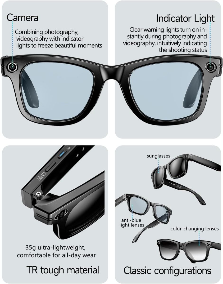 AI Smart Translation Glasses, Smart Glasses with Camera and Bluetooth, AI Glasses for Calls & Musi,UV Protection,Anti-Blue Light Glasses Everyday Wear