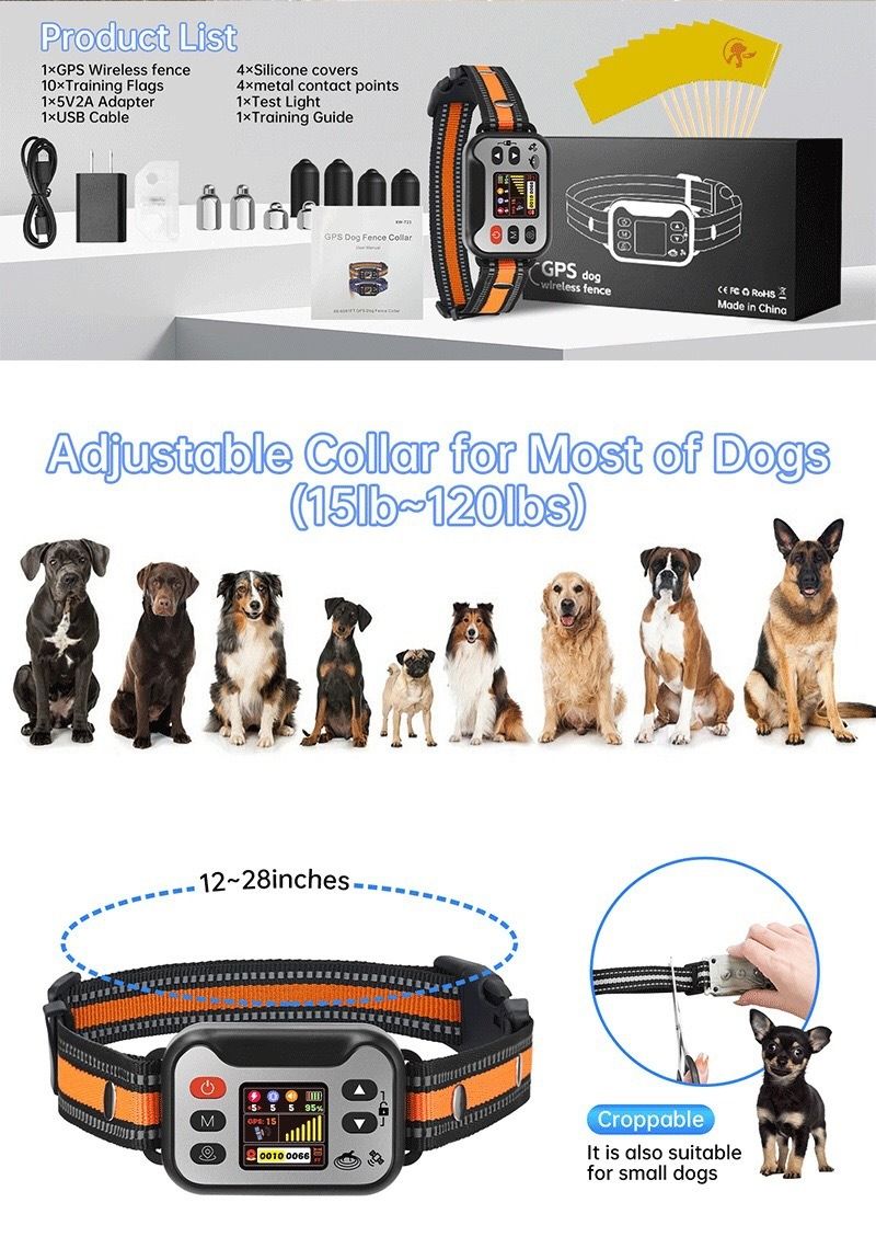 Wireless Dog Fence Collar, GPS Pet Containment System, Rechargeable Dog Bark Collar , Waterproof Anti Barking Trainer, for Dogs 15-120 lbs