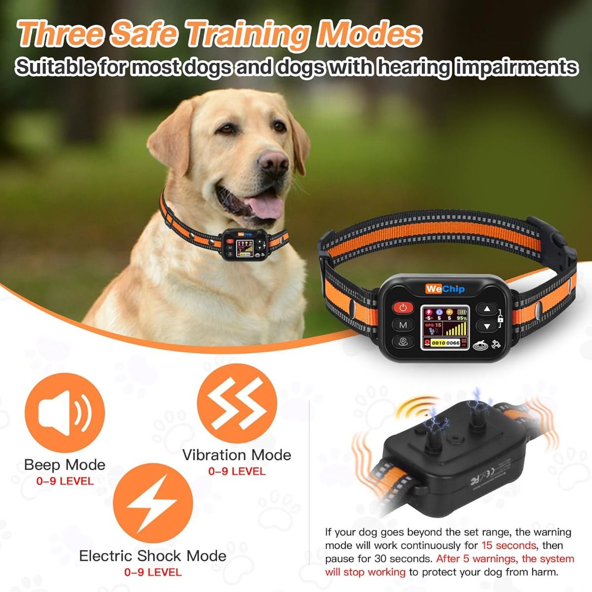 Wireless Dog Fence Collar, GPS Pet Containment System, Rechargeable Dog Bark Collar , Waterproof Anti Barking Trainer, for Dogs 15-120 lbs
