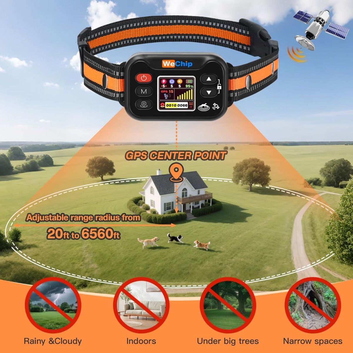 Wireless Dog Fence Collar, GPS Pet Containment System, Rechargeable Dog Bark Collar , Waterproof Anti Barking Trainer, for Dogs 15-120 lbs