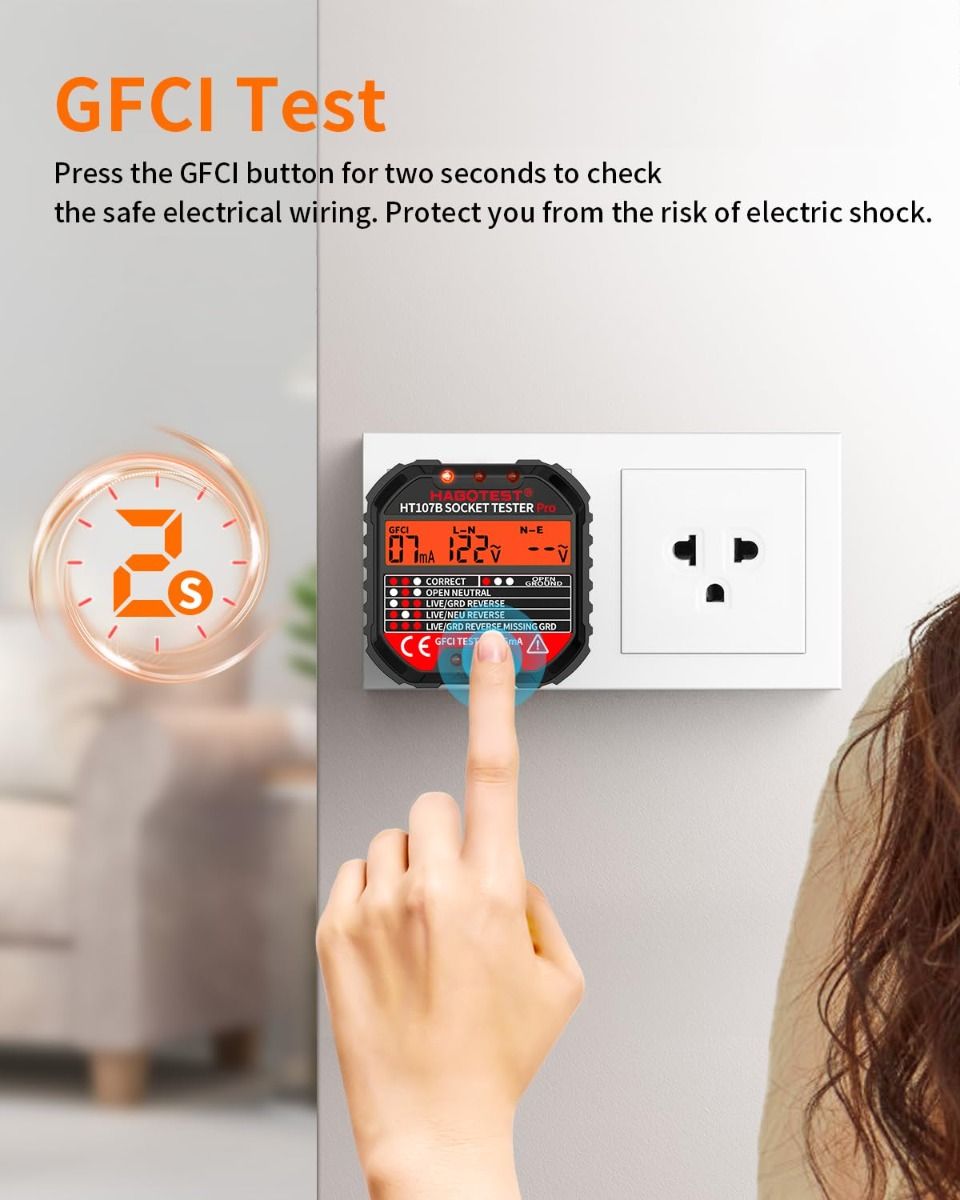Outlet Tester Electrical GFCI Receptacle Detector with LCD Display, 90-250V Power Socket Tester, Circuit Polarity Voltage Detector, Plug Tester Breaker Finder 6 Visual Indication CAT II 300V