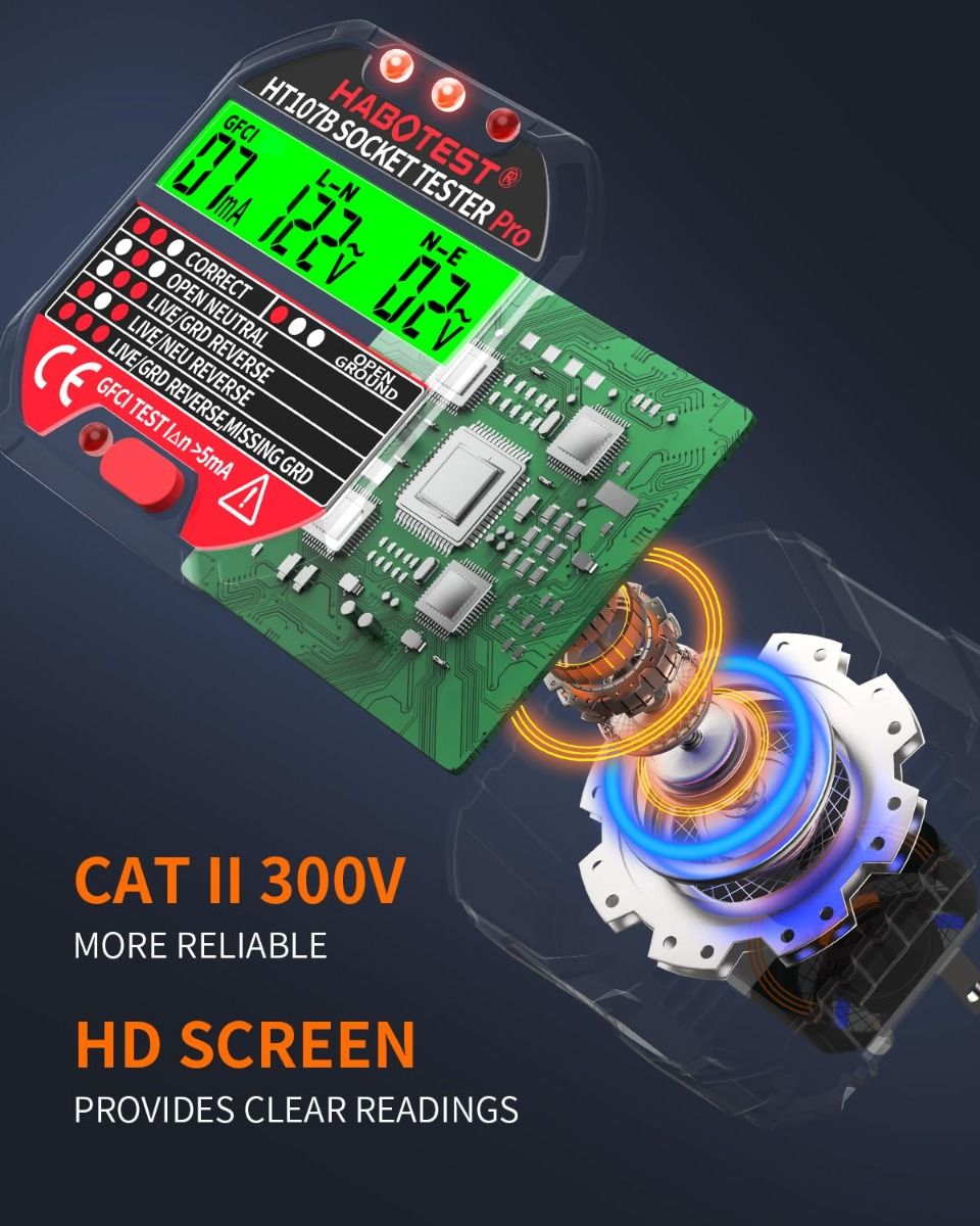 Outlet Tester Electrical GFCI Receptacle Detector with LCD Display, 90-250V Power Socket Tester, Circuit Polarity Voltage Detector, Plug Tester Breaker Finder 6 Visual Indication CAT II 300V