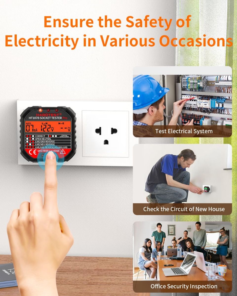 Outlet Tester Electrical GFCI Receptacle Detector with LCD Display, 90-250V Power Socket Tester, Circuit Polarity Voltage Detector, Plug Tester Breaker Finder 6 Visual Indication CAT II 300V