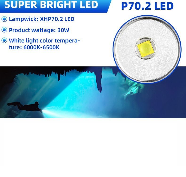 P70 Diving Flashlight, Dive Torch 5000 Lumen Super Bright Flash Lights, IPX8 Underwater Waterproof Night Dive Torch 200 Meters Submersible Light