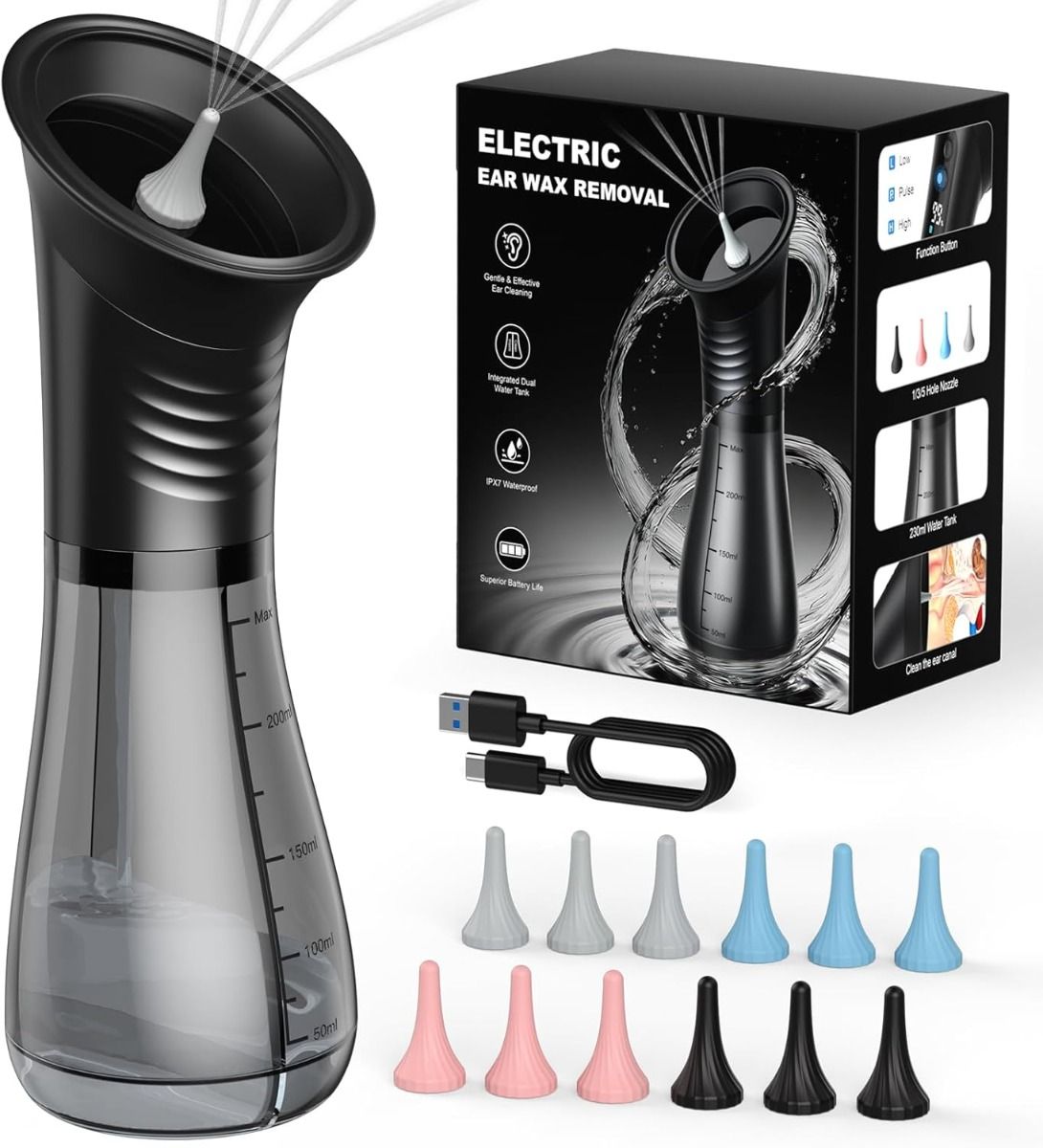 Ear Wax Removal Kit, Electric Ear Wax Removal Tool for Tinnitus Relief, Safe & Gentle Ear Cleaner with Ear Irrigation Flushing System, Ipx7 Earwax Removal for Adults