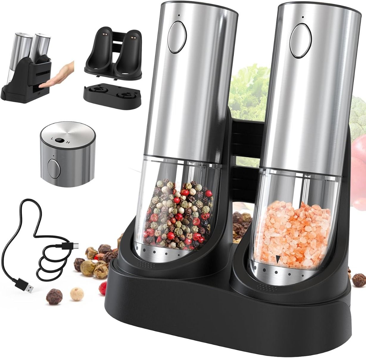 2-Speed Electric Salt and Pepper Grinder Set Rechargeable Stainless Steel Pepper Mills with Charging Base, 190ML Spice Mill Kitchen Tools
