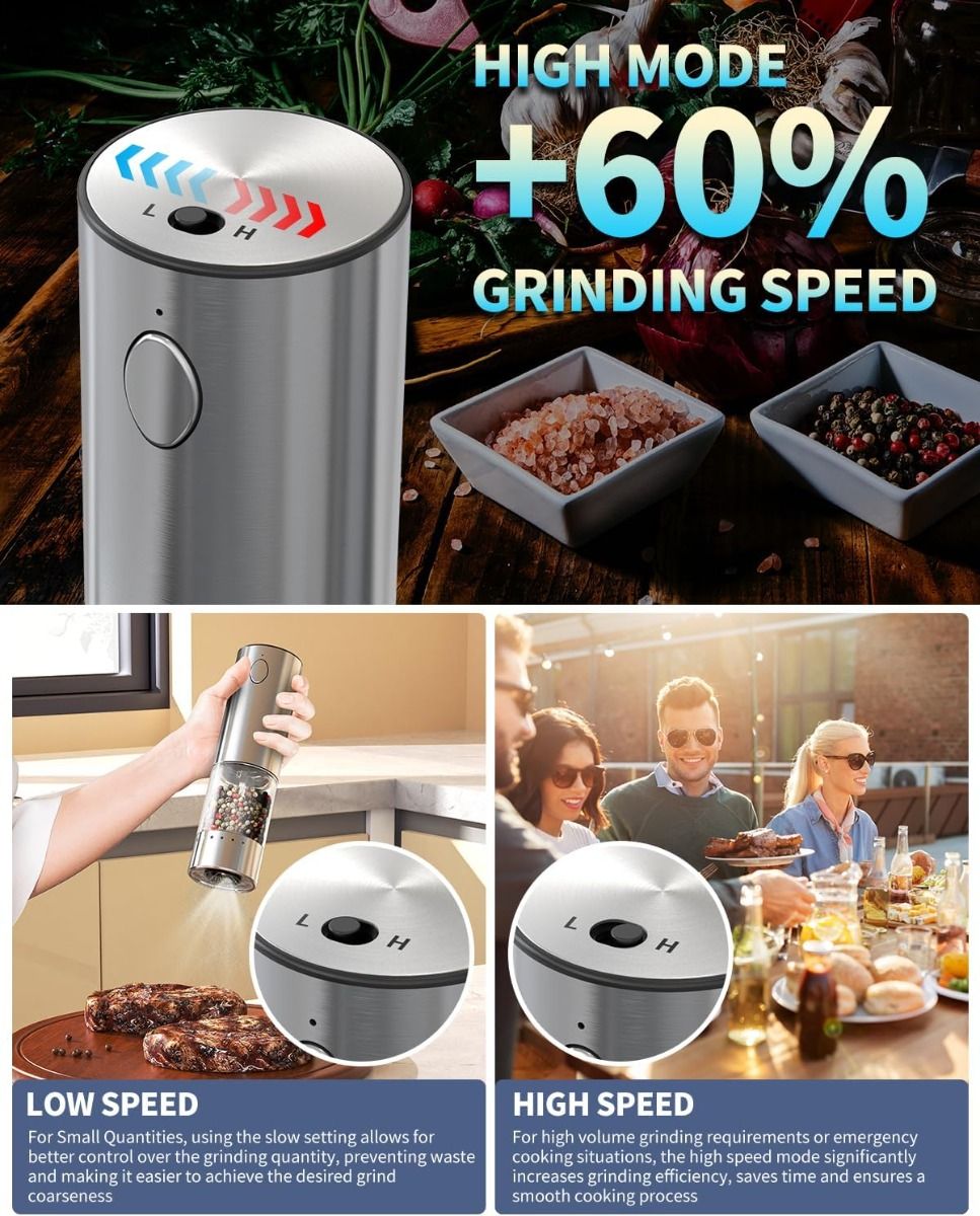 2-Speed Electric Salt and Pepper Grinder Set Rechargeable Stainless Steel Pepper Mills with Charging Base, 190ML Spice Mill Kitchen Tools